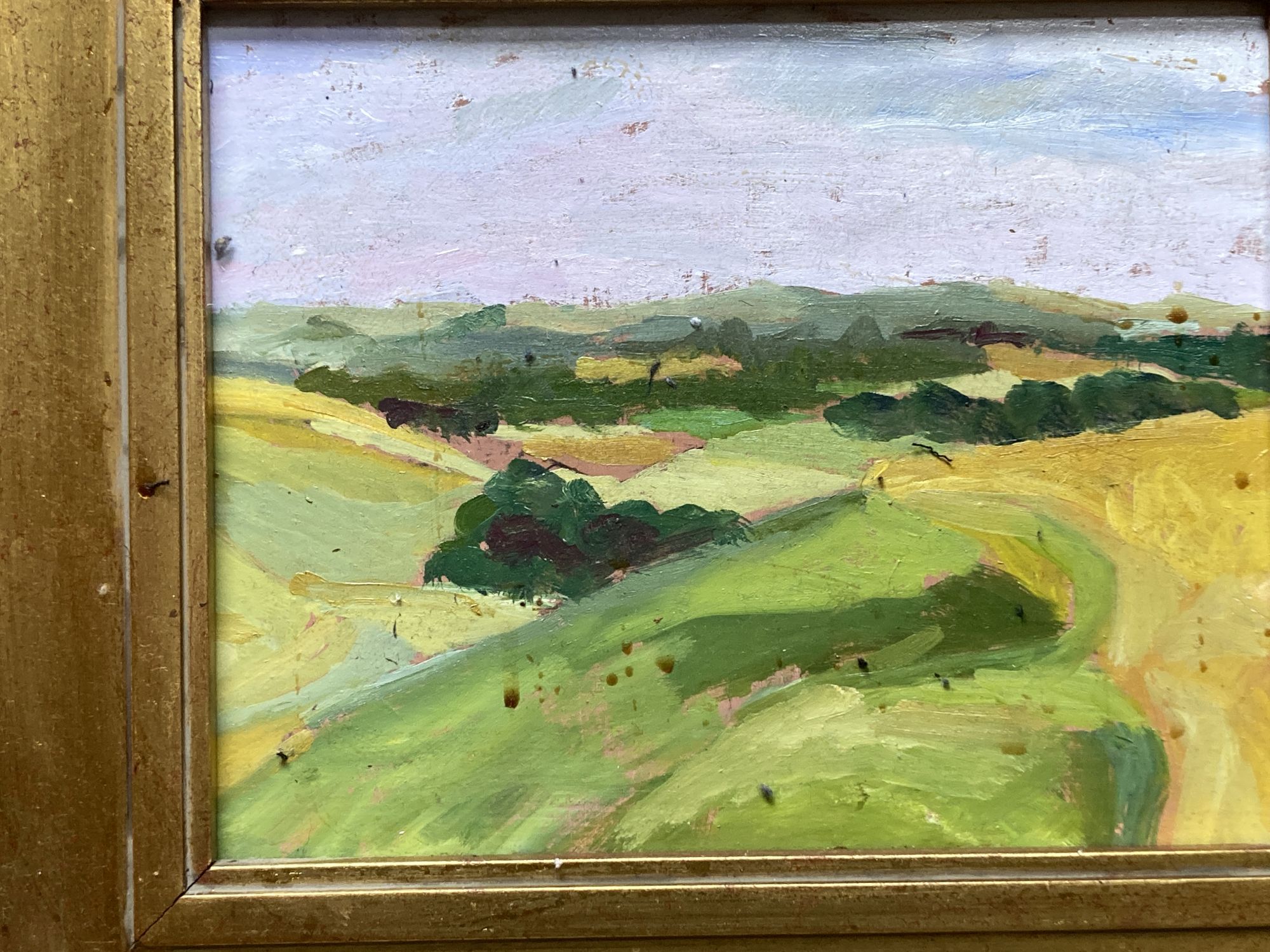 A set of three modern oil on board landscape studies, 19 x 24cm and another similar work